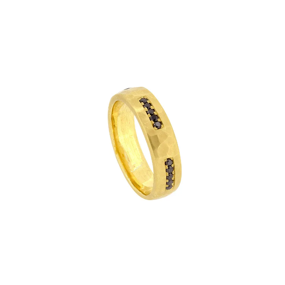 18 Karat Yellow Gold Hammered Matte Band with Black Diamonds