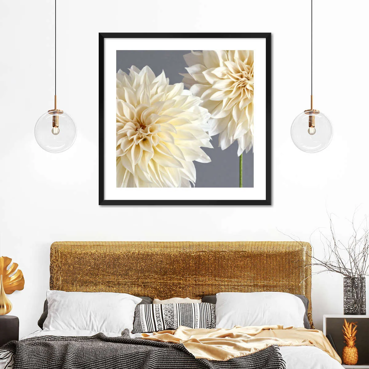 2 Cream Dahlias On Gray Wall Art