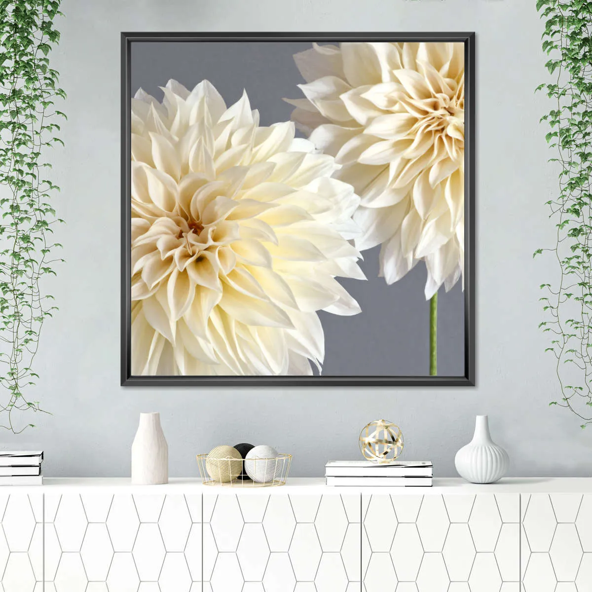 2 Cream Dahlias On Gray Wall Art