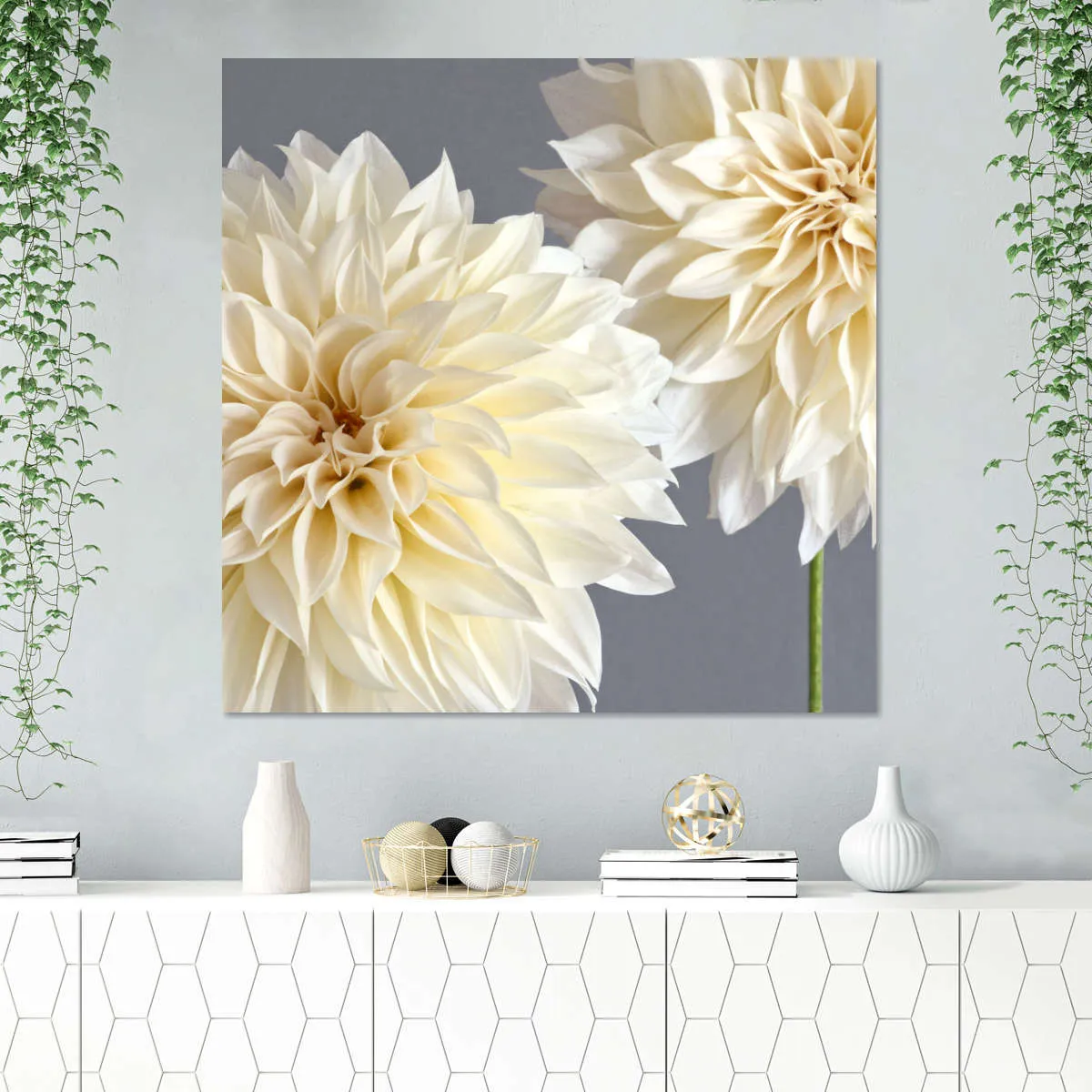 2 Cream Dahlias On Gray Wall Art