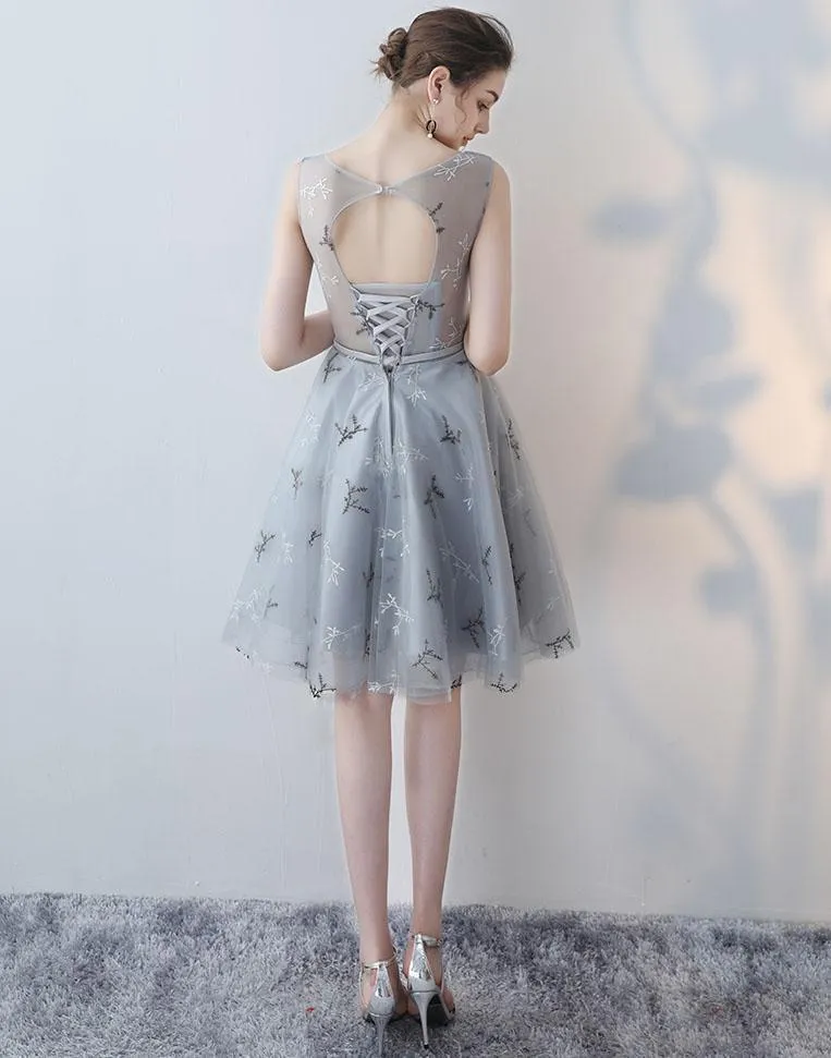 A-line Scoop-Neck Mini Tulle Gray Homecoming Dresses ASD26954