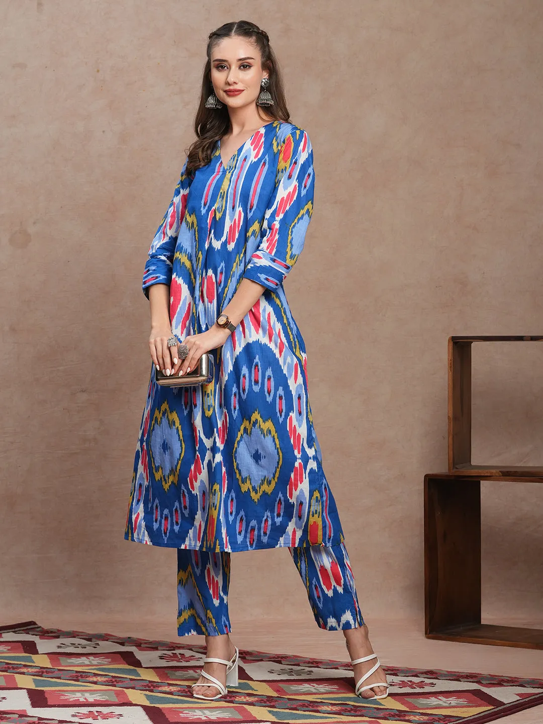 Abstract Ethnic Ikat Printed A-Line Co-ord Set - Blue