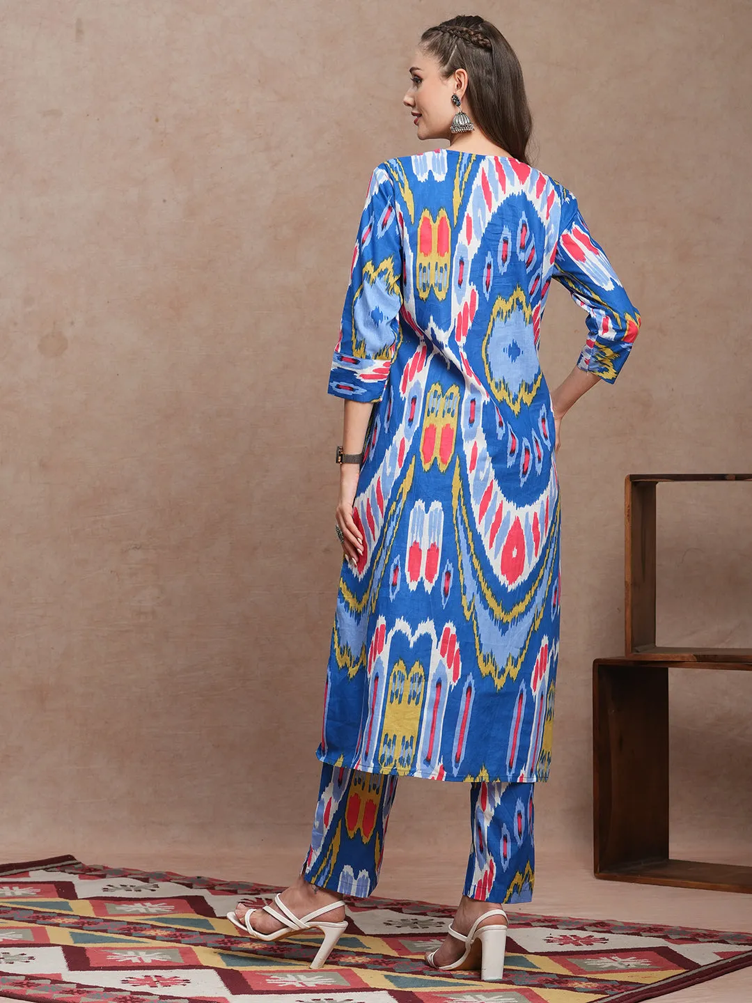 Abstract Ethnic Ikat Printed A-Line Co-ord Set - Blue