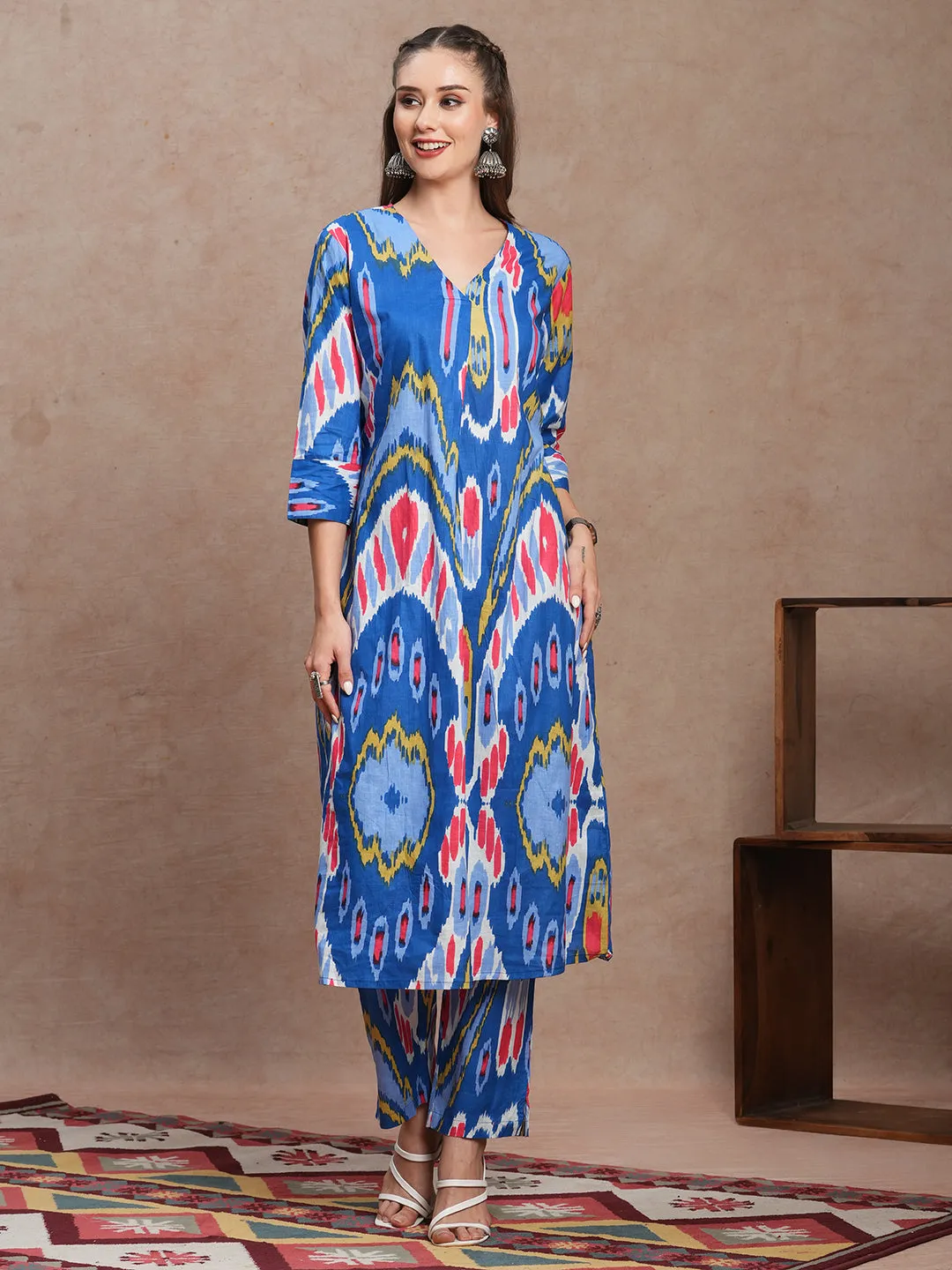 Abstract Ethnic Ikat Printed A-Line Co-ord Set - Blue