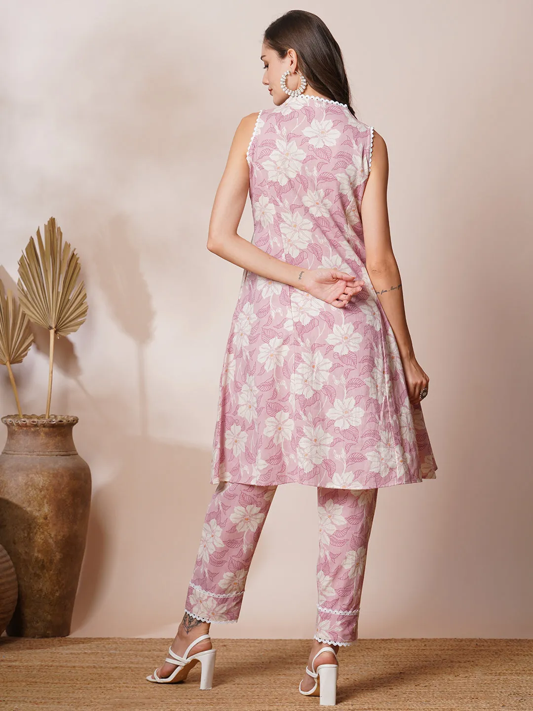 Abstract Floral Foil Printed A-Line Co-ord Set - Pink