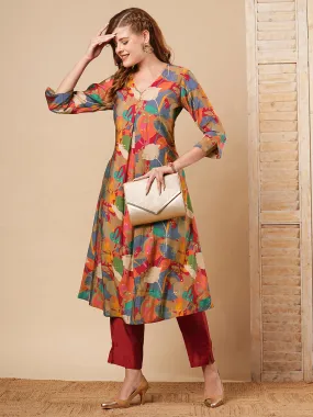 Abstract Floral Foil Printed A-Line Kurta with Pant - Multi