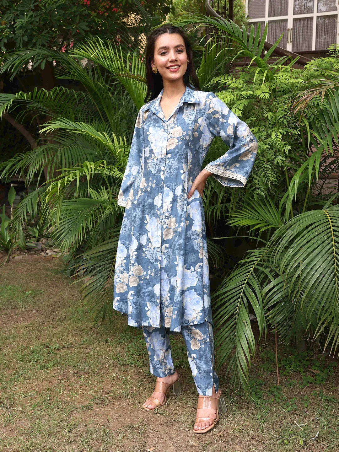 Abstract Floral Foil Printed A-Line Paneled Kurta with Pant - Blue