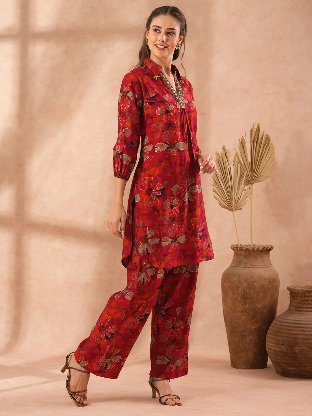 Abstract Floral Foil Printed Embroidered Straight Fit Co-ord Set - Maroon