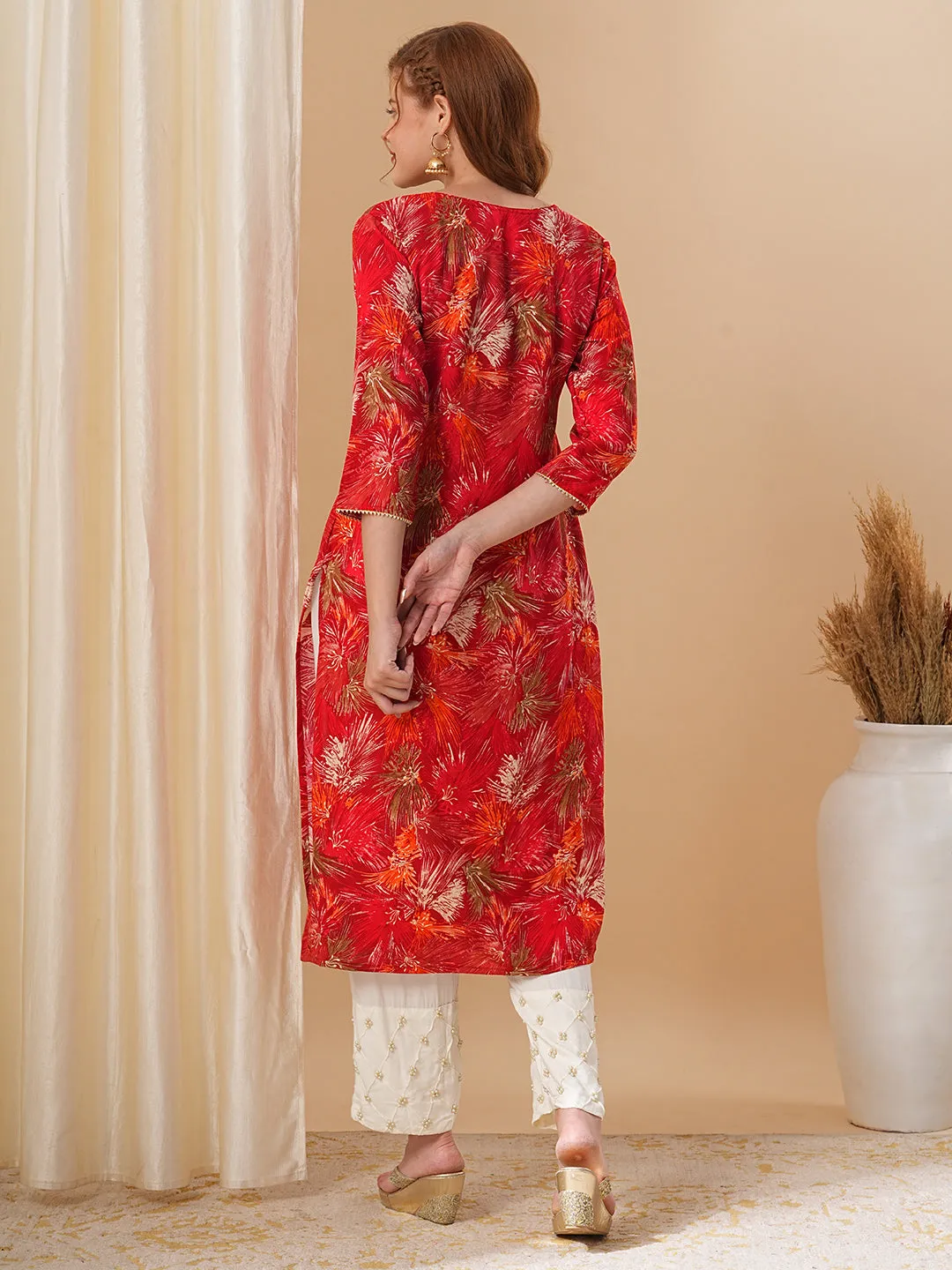 Abstract Floral Foil Printed Straight Fit Kurta - Red