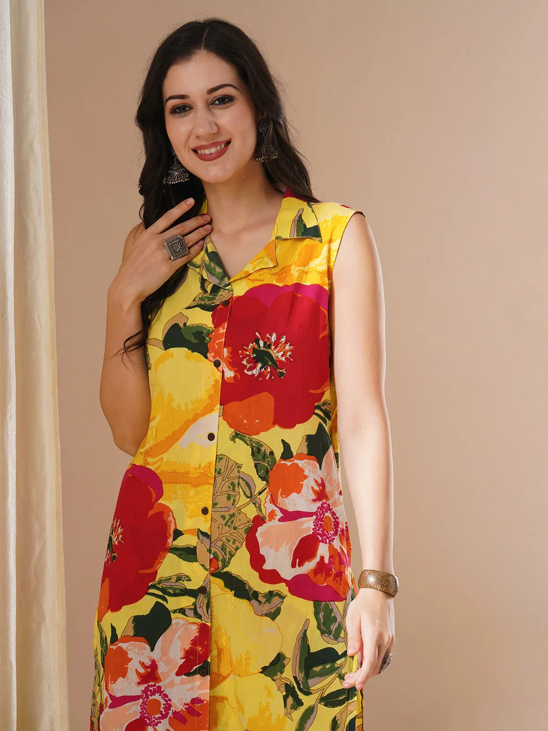 Abstract Floral Printed A-Line Co-ord Set - Yellow