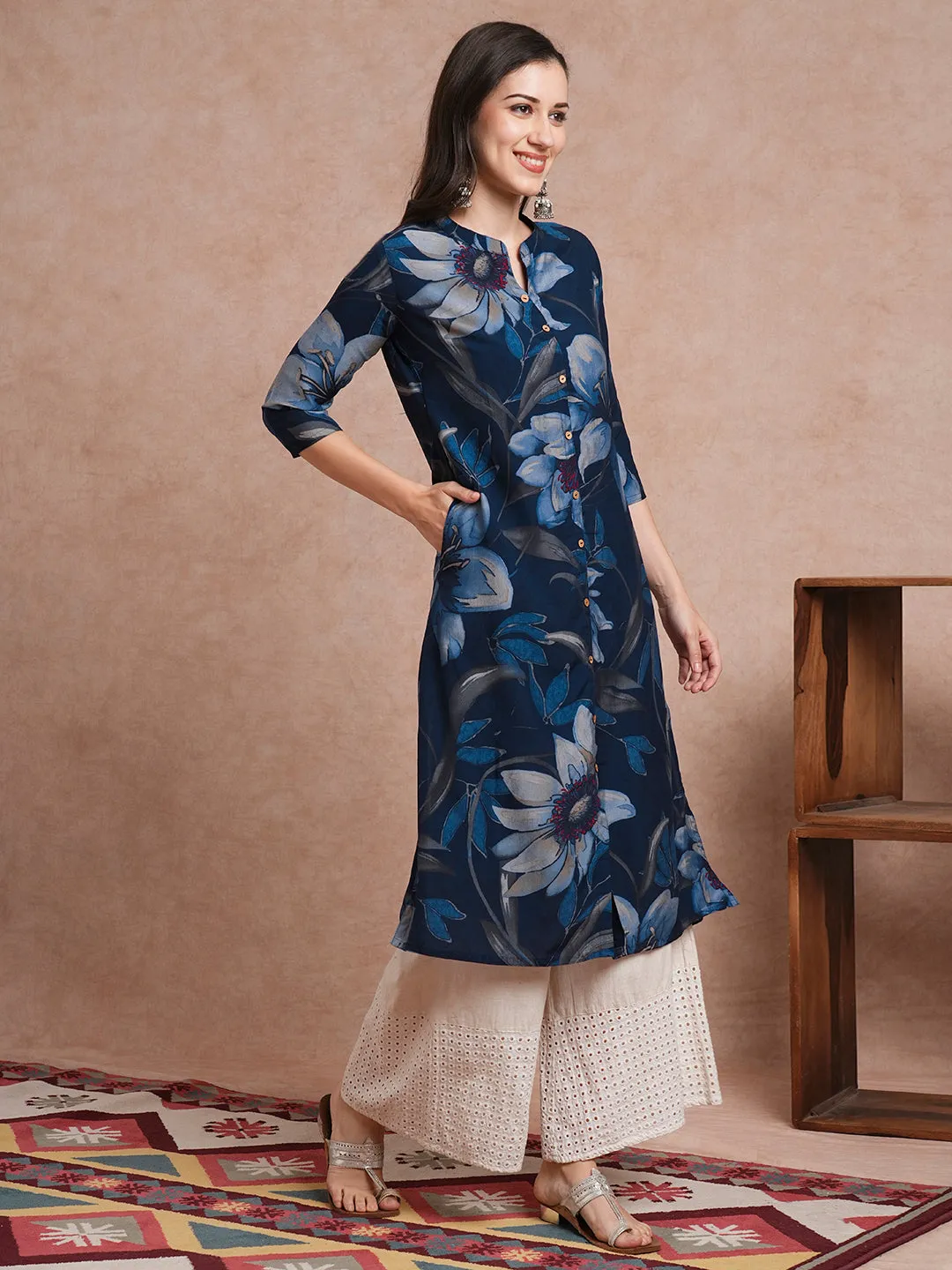 Abstract Floral Printed A-Line Kurta - Blue