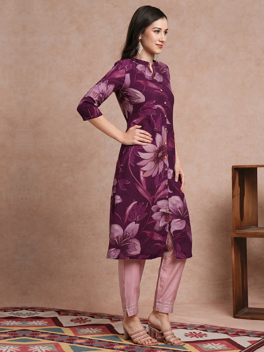 Abstract Floral Printed A-Line Kurta - Deep Purple