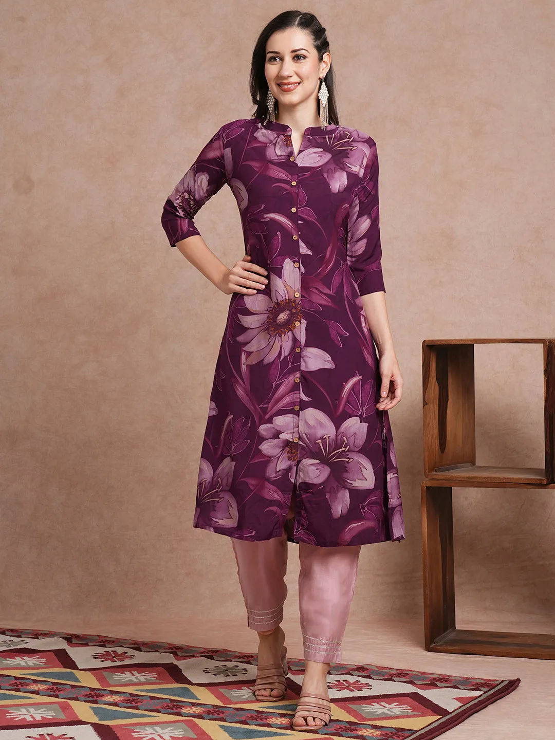 Abstract Floral Printed A-Line Kurta - Deep Purple