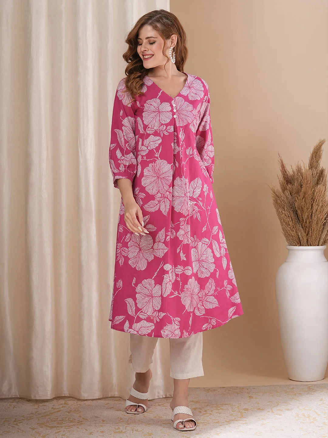 Abstract Floral Printed A-Line Kurta with Pant - Pink