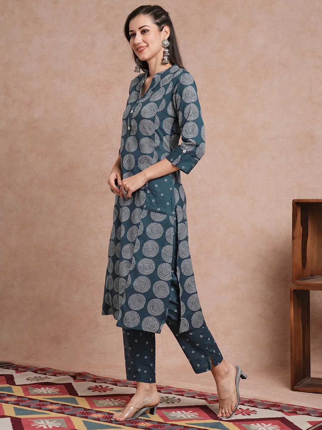 Abstract Floral Printed A-Line Kurta with Pant - Teal Blue