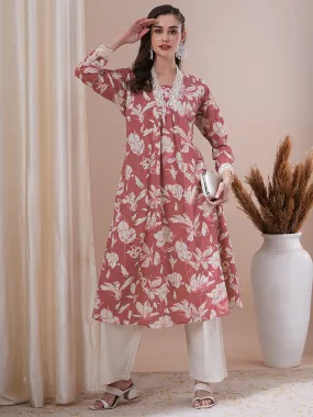 Abstract Floral Printed A-Line Paneled Kurta with Palazzo -Coral Red