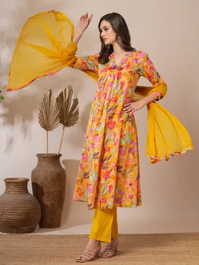 Abstract Floral Printed A-Line Paneled Kurta with Pant & Dupatta - Yellow