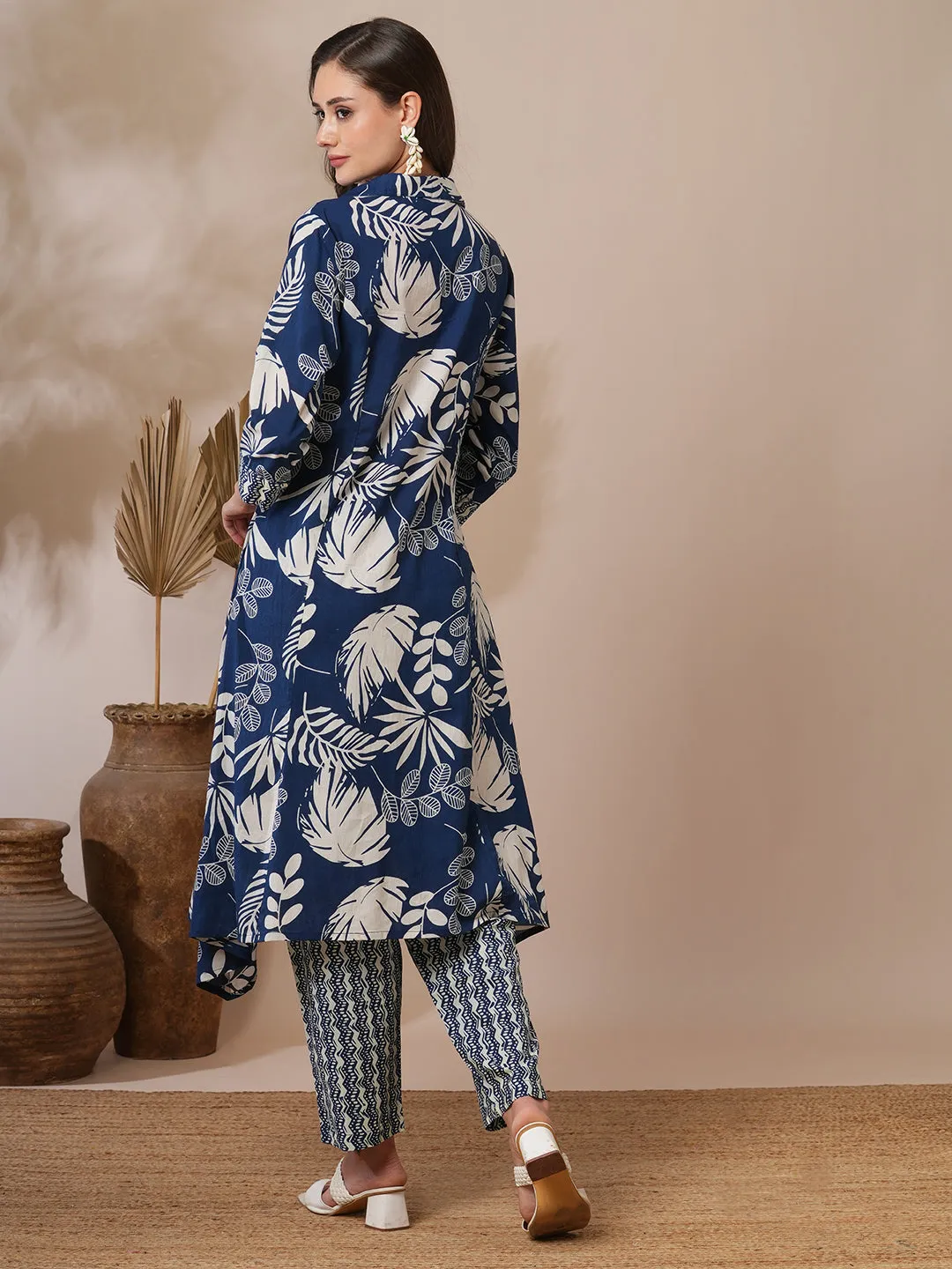 Abstract Floral Printed A-Line Paneled Kurta with Pant - Blue