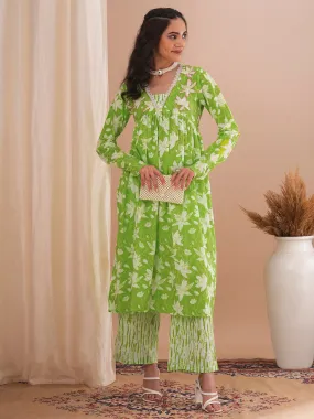 Abstract Floral Printed & Embroidered A-Line Pleated Kurta with Palazzo - Green