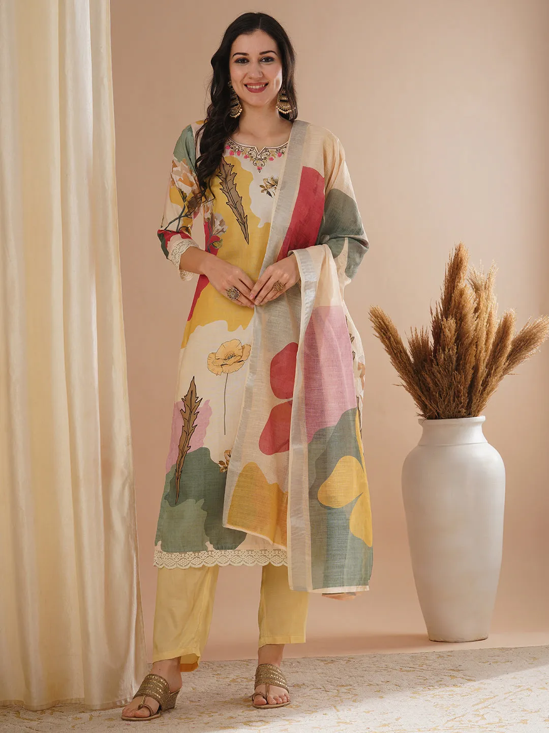 Abstract Floral Printed & Hand Embroidered Straight Fit Kurta with Pant and Dupatta - Cream