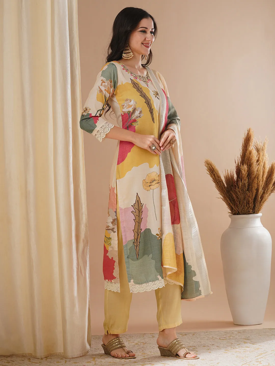 Abstract Floral Printed & Hand Embroidered Straight Fit Kurta with Pant and Dupatta - Cream