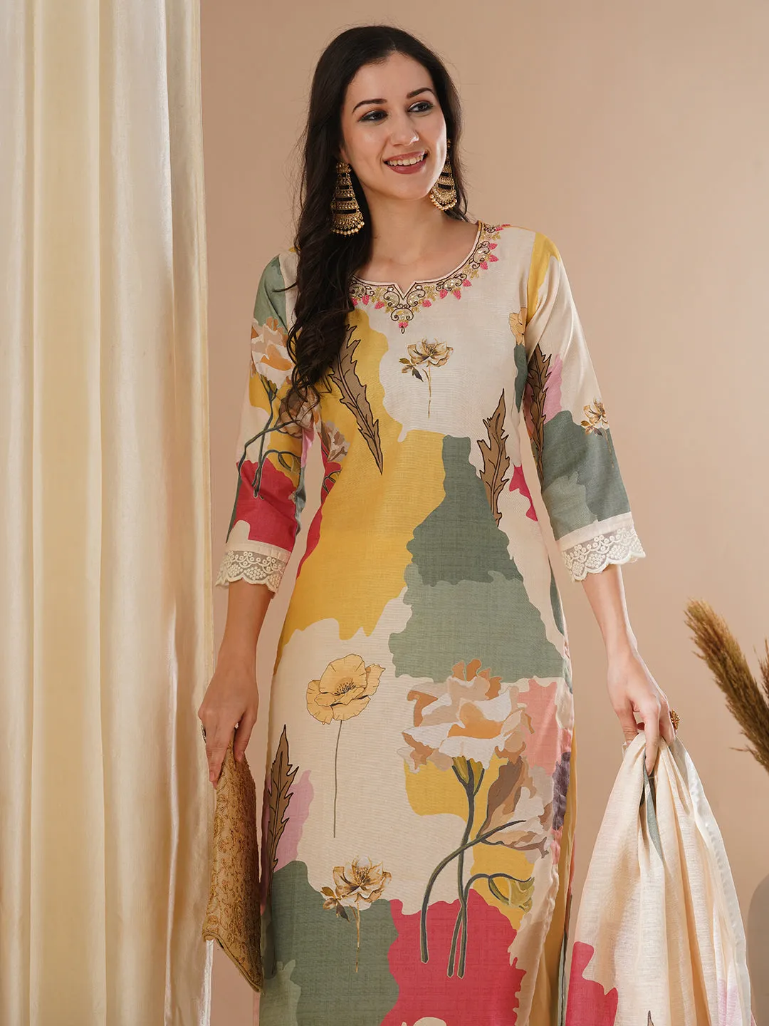 Abstract Floral Printed & Hand Embroidered Straight Fit Kurta with Pant and Dupatta - Cream