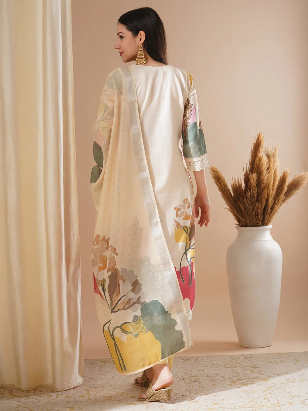 Abstract Floral Printed & Hand Embroidered Straight Fit Kurta with Pant and Dupatta - Cream