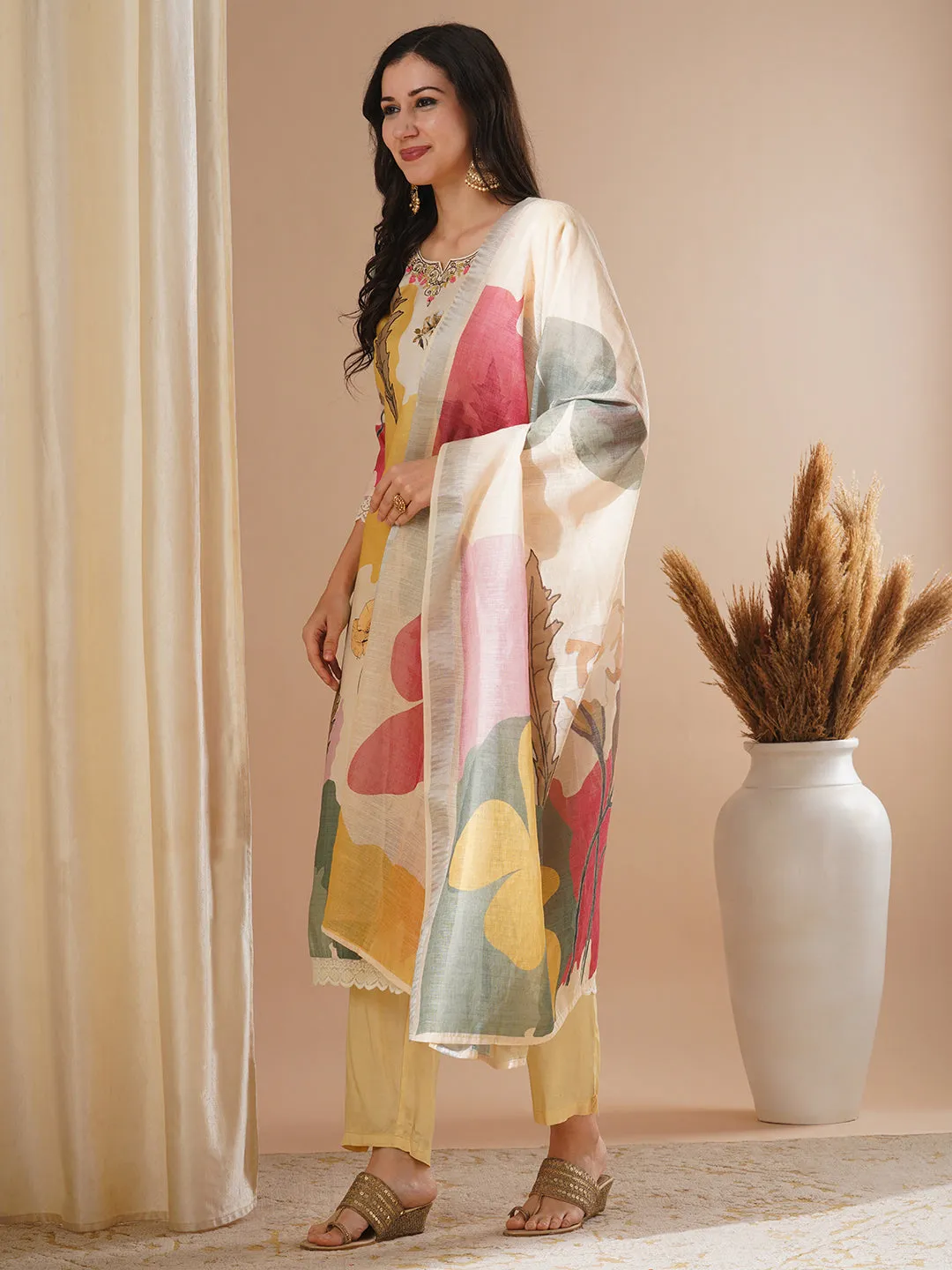 Abstract Floral Printed & Hand Embroidered Straight Fit Kurta with Pant and Dupatta - Cream