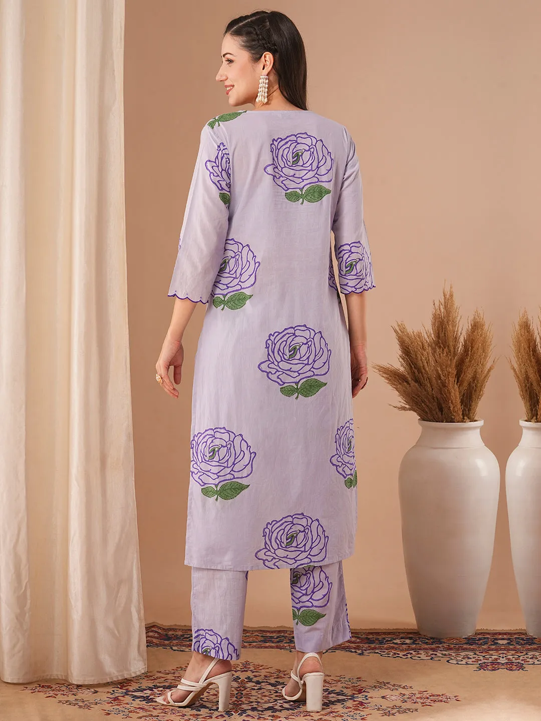 Abstract Floral Printed Straight Fit Co-ord Set - Lavender