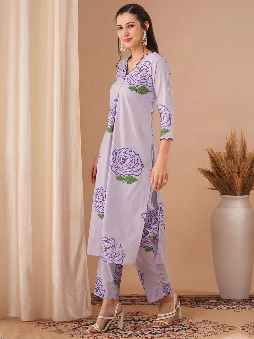 Abstract Floral Printed Straight Fit Co-ord Set - Lavender