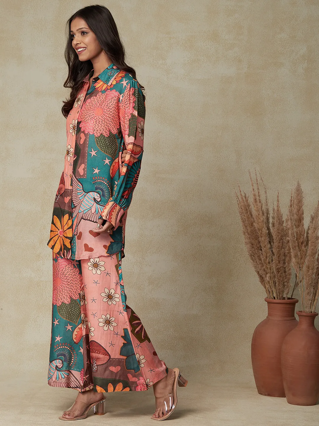 Abstract Floral Printed Straight Fit Co-ord Set - Peach