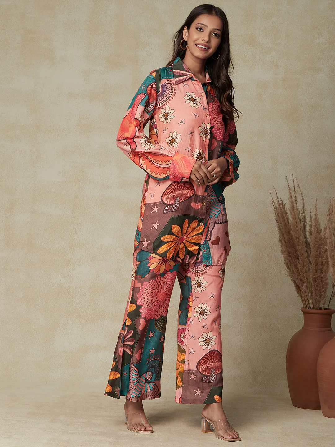 Abstract Floral Printed Straight Fit Co-ord Set - Peach