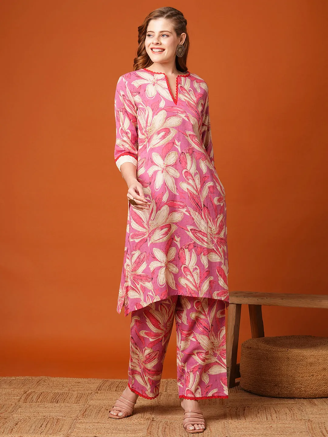 Abstract Floral Printed Straight Fit Co-ord Set - Pink