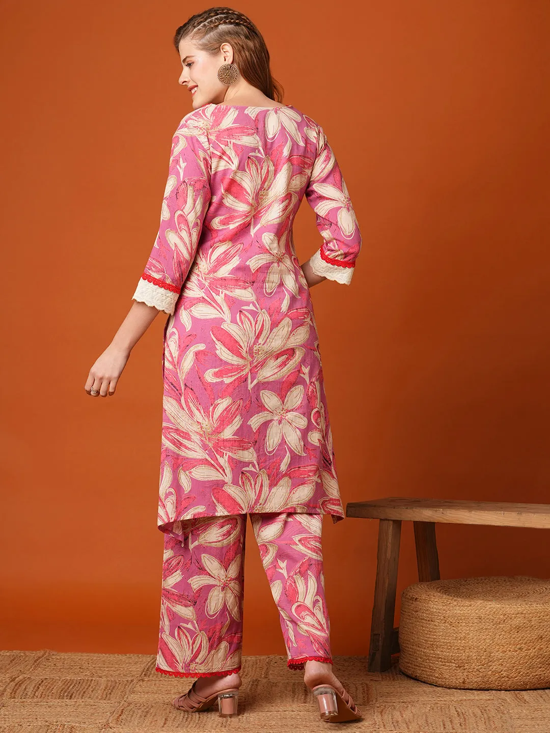 Abstract Floral Printed Straight Fit Co-ord Set - Pink