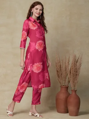 Abstract Floral Printed Straight Fit Kurta with Pant - Pink