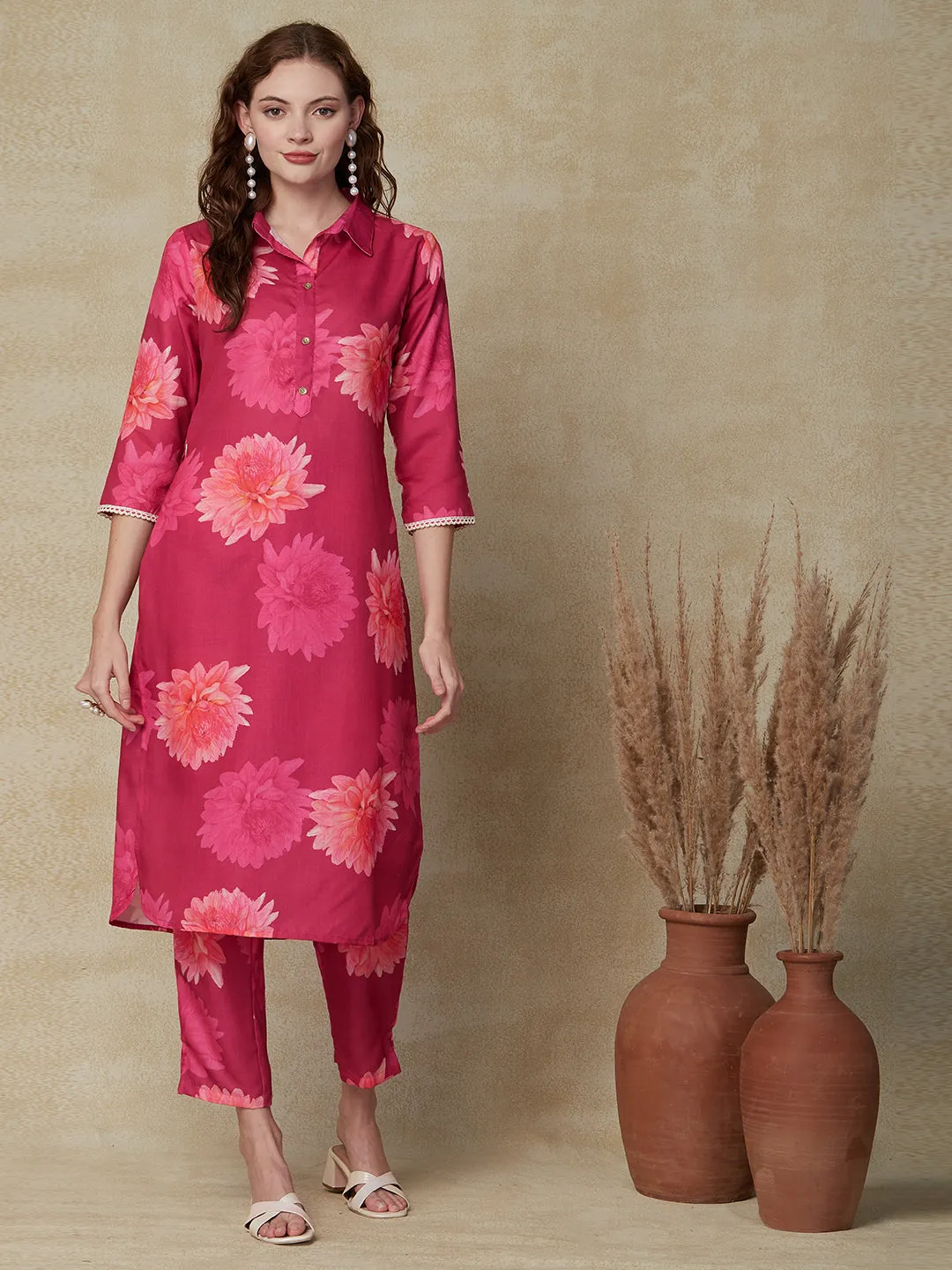 Abstract Floral Printed Straight Fit Kurta with Pant - Pink