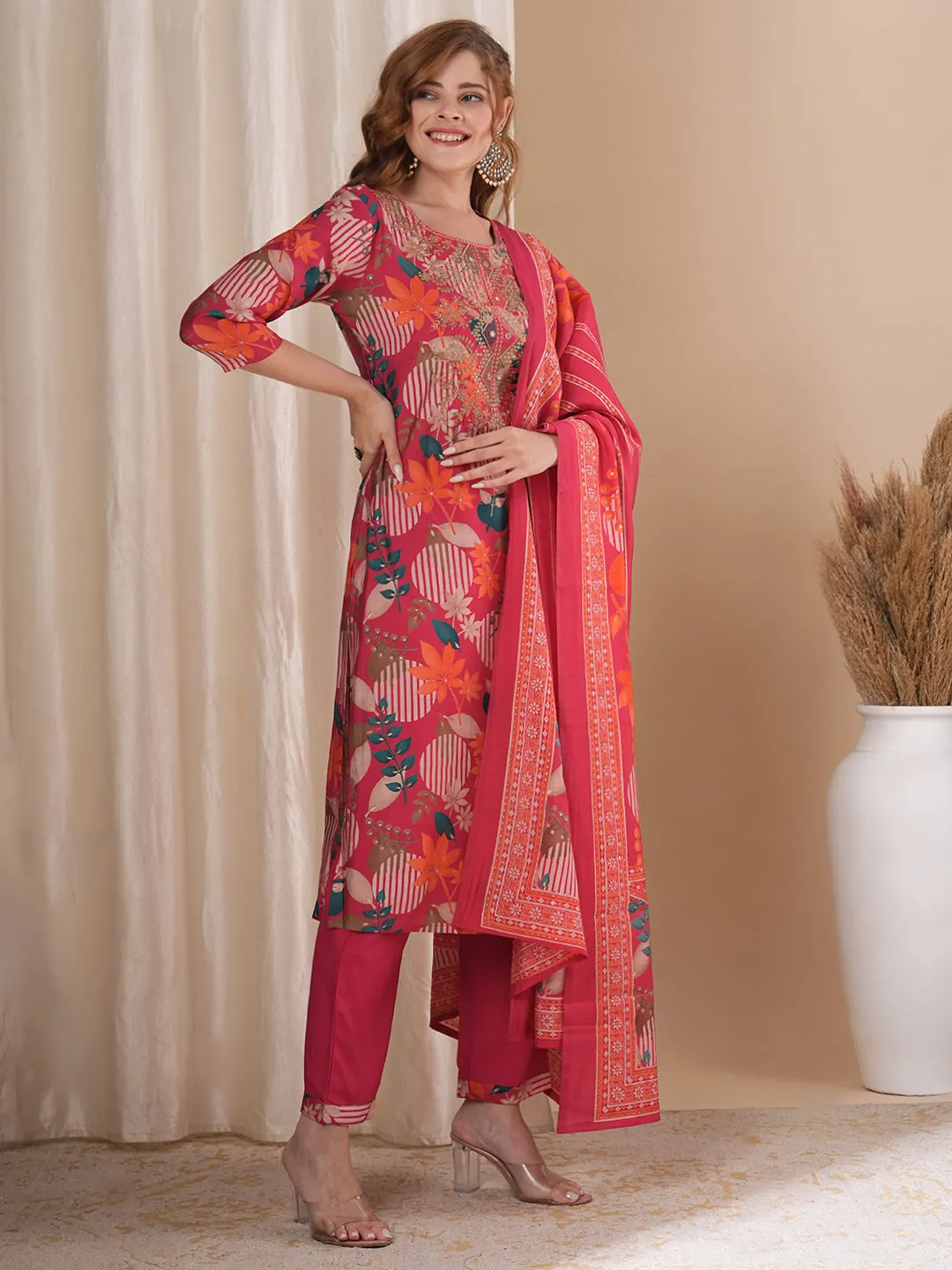 Abstract Floral Printed Straight Kurta with Pant & Dupatta - Pink