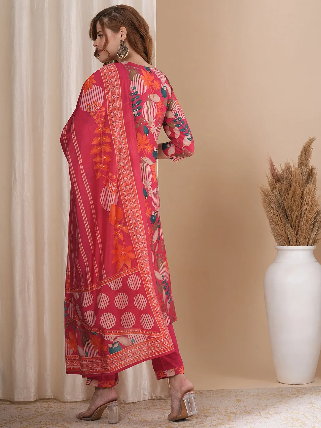 Abstract Floral Printed Straight Kurta with Pant & Dupatta - Pink