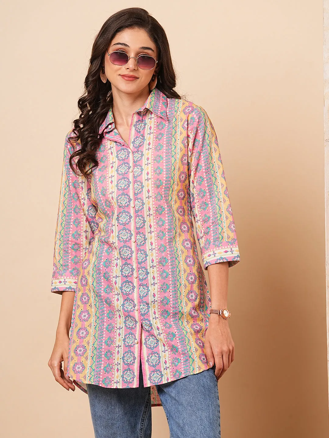 Abstract Floral Striped Printed Schiffli Straight Fit Kurti - Multi