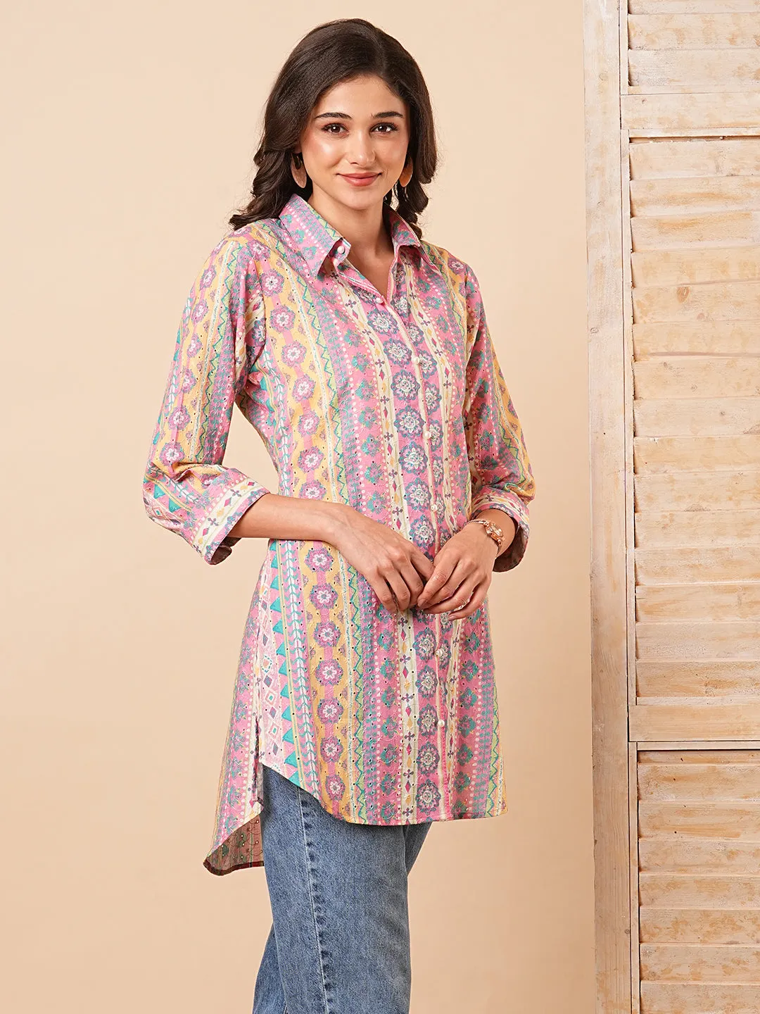 Abstract Floral Striped Printed Schiffli Straight Fit Kurti - Multi