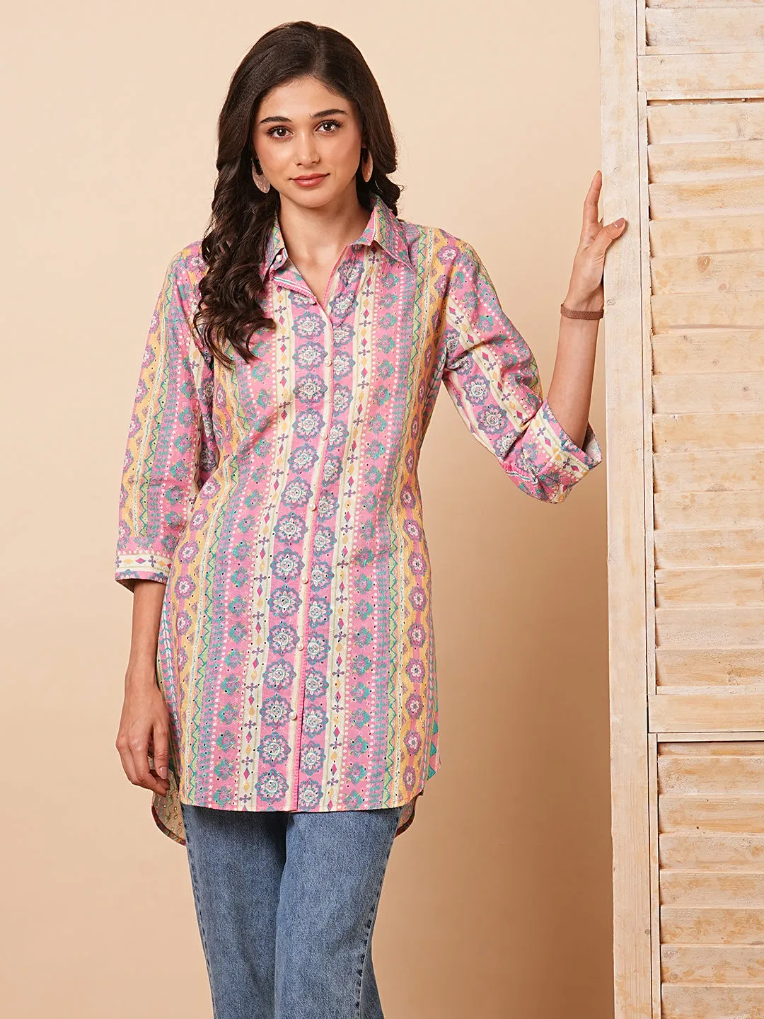 Abstract Floral Striped Printed Schiffli Straight Fit Kurti - Multi