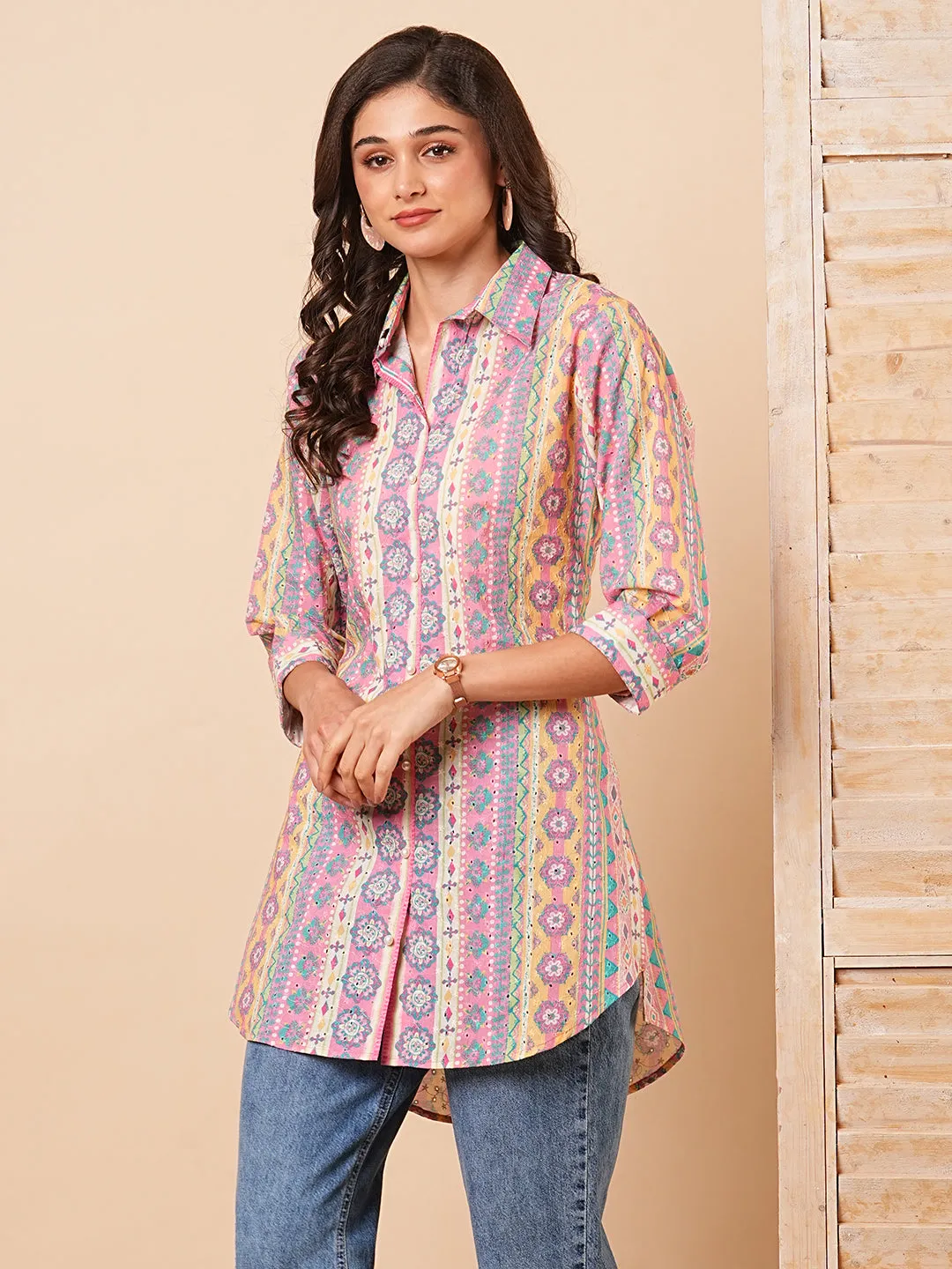 Abstract Floral Striped Printed Schiffli Straight Fit Kurti - Multi