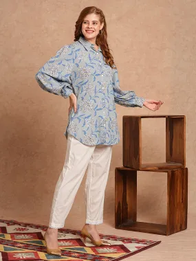 Abstract Foil Printed Straight Fit Shirt with Pant - Blue