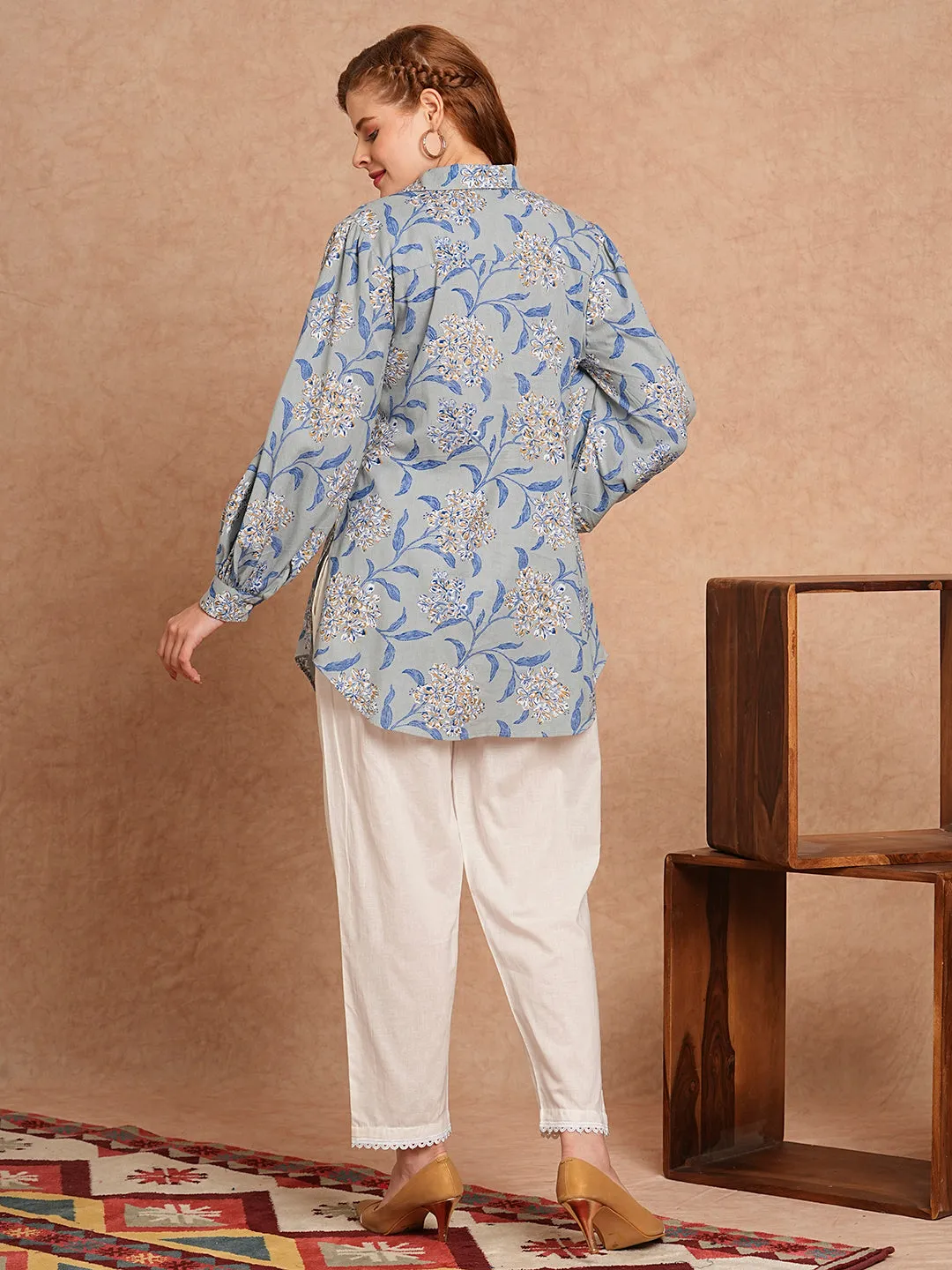 Abstract Foil Printed Straight Fit Shirt with Pant - Blue