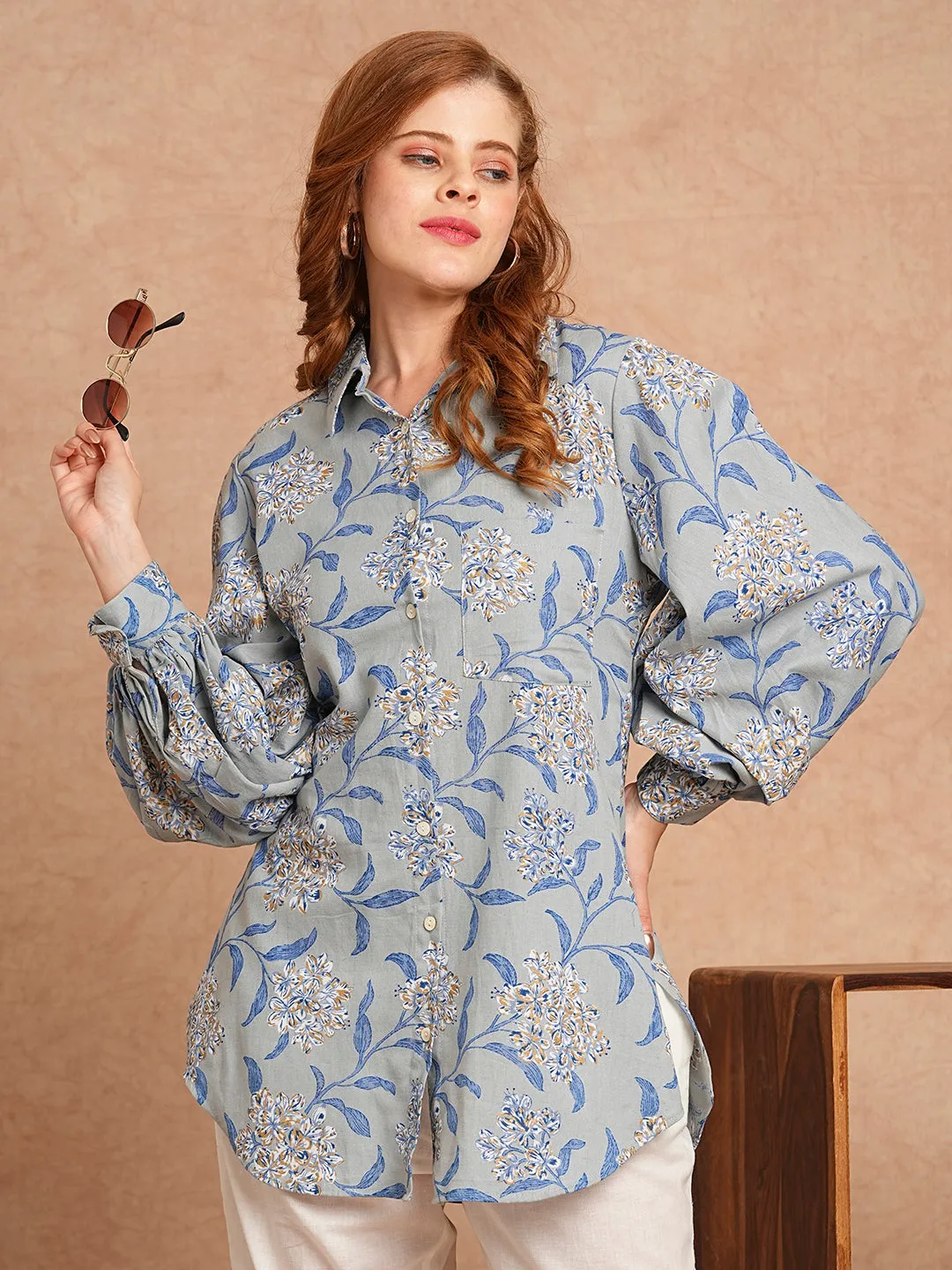 Abstract Foil Printed Straight Fit Shirt with Pant - Blue