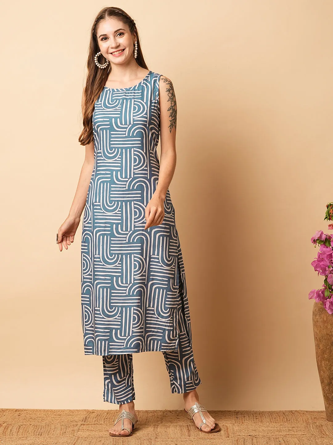 Abstract Geometric Printed Straight Fit Co-ord Set - Blue