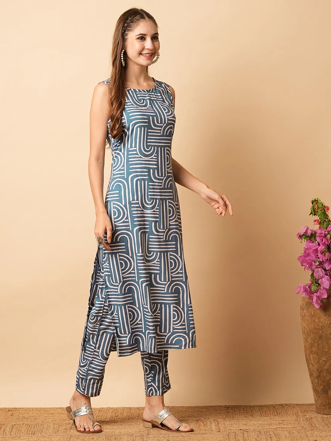 Abstract Geometric Printed Straight Fit Co-ord Set - Blue