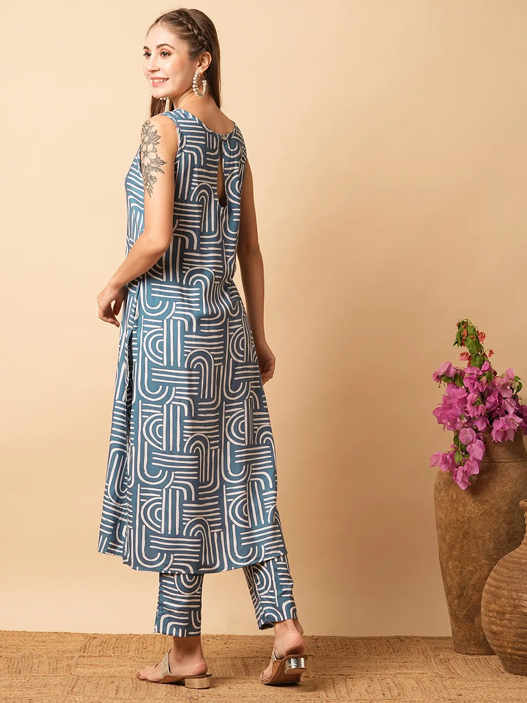 Abstract Geometric Printed Straight Fit Co-ord Set - Blue