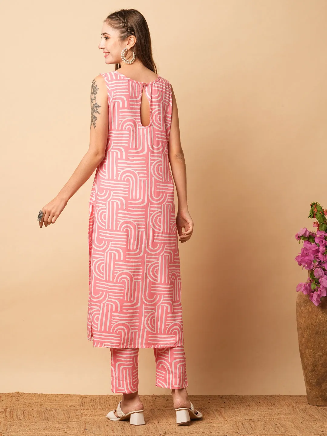 Abstract Geometric Printed Straight Fit Co-ord Set - Pink