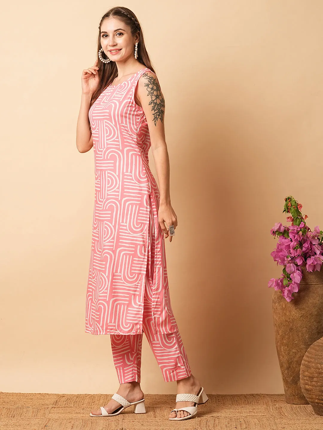 Abstract Geometric Printed Straight Fit Co-ord Set - Pink